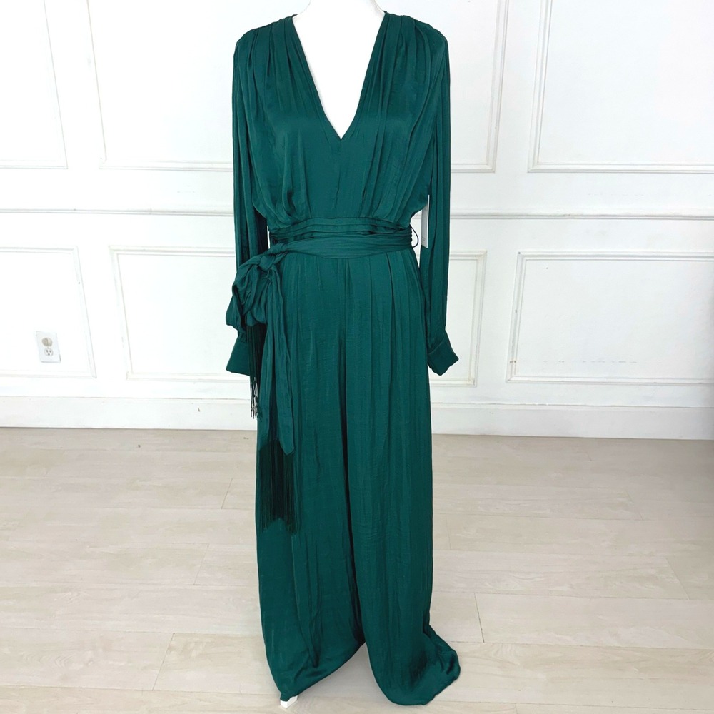 Emerald Green Womens Large Wide Leg Jumpsuit Tassels Autumn Wedding Guest Dress
